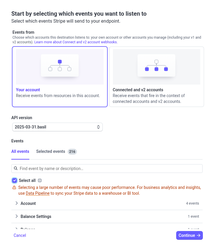 selecting which events you want to listen to in Stripe Webhook